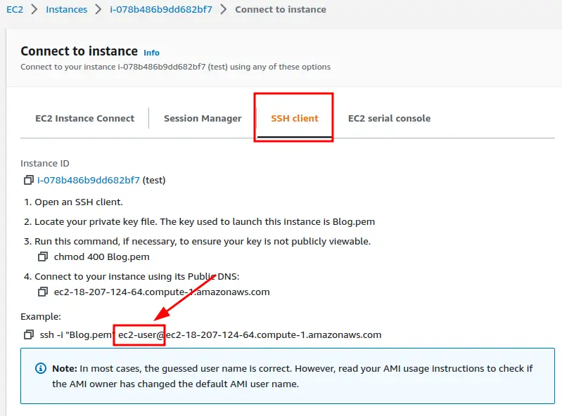 Permission denied (publickey)  get the username from aws console