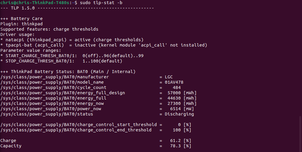 See ubuntu battery information with tlp-stat -b