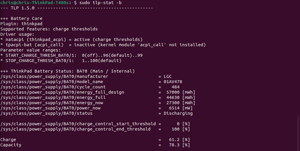 See ubuntu battery information with tlp-stat -b